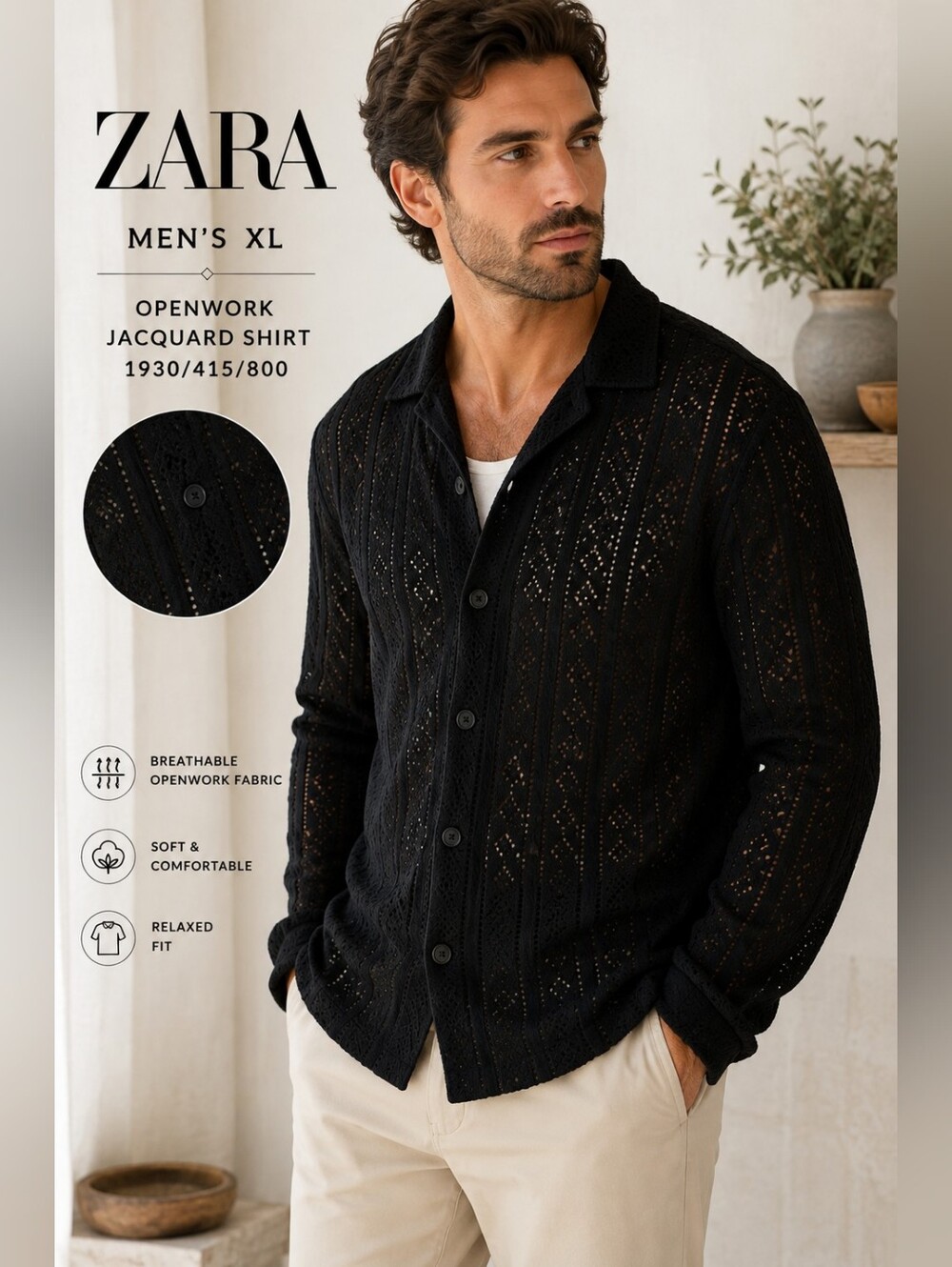 Zara XL Black Openwork Jacquard Crochet Knit Button Long Sleeve Shirt Sweater